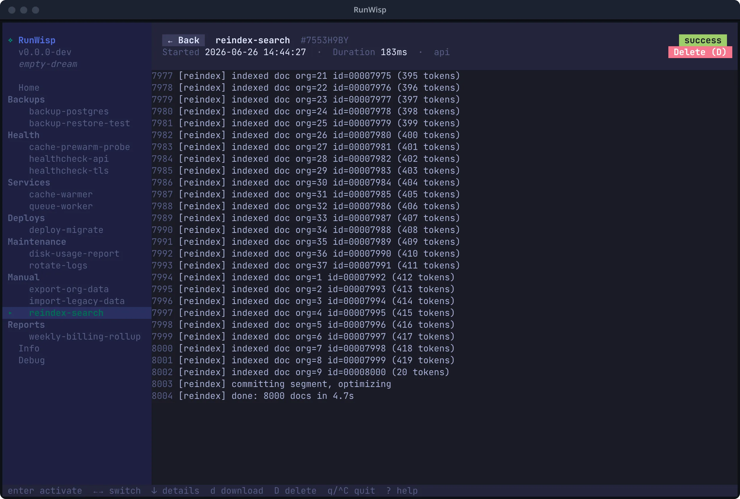 TUI run detail view: header with task name, run ID, timestamp, duration, and status badge; line-numbered log output below.