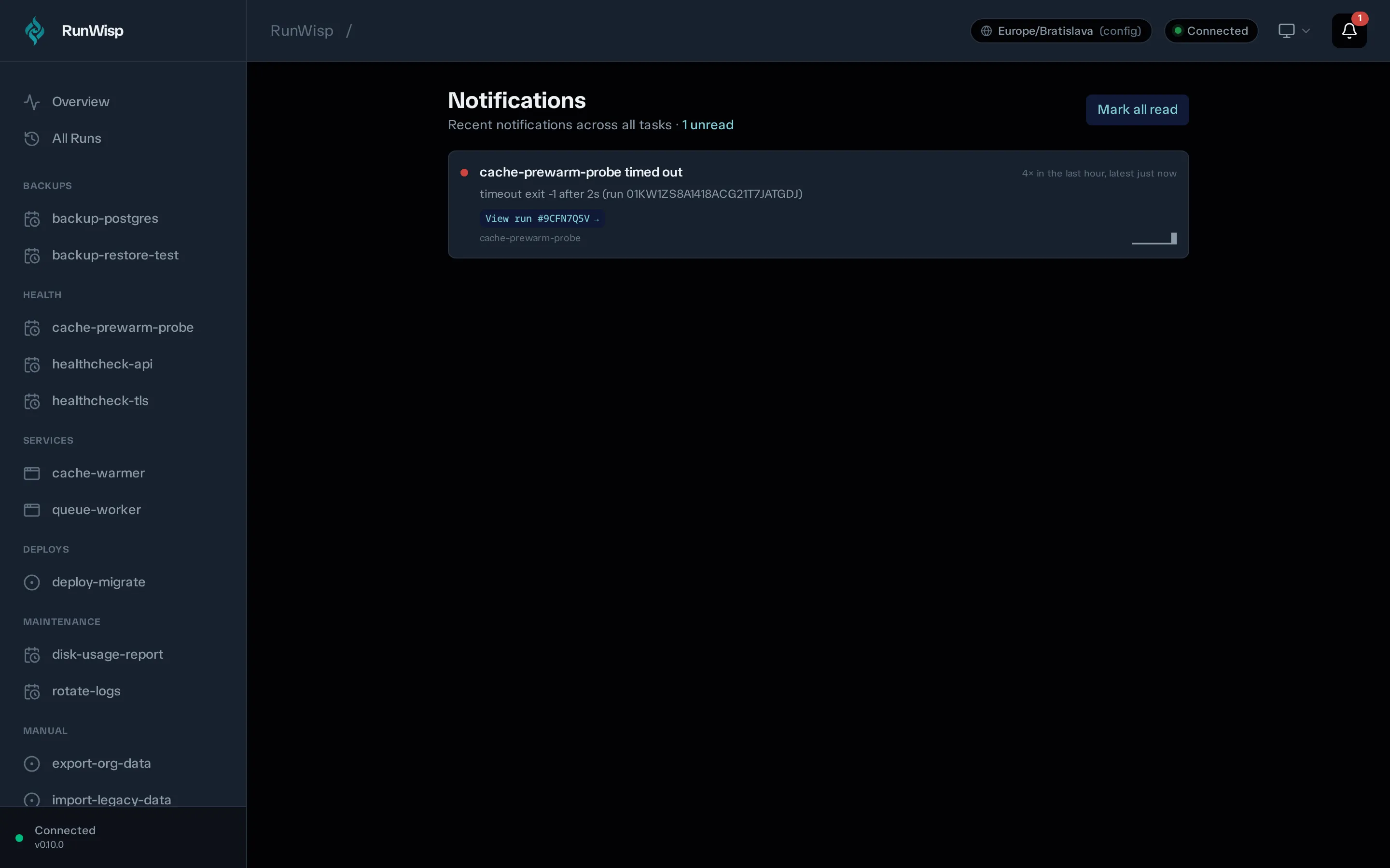 The full /notifications page: history across all tasks with the unread count at the top.