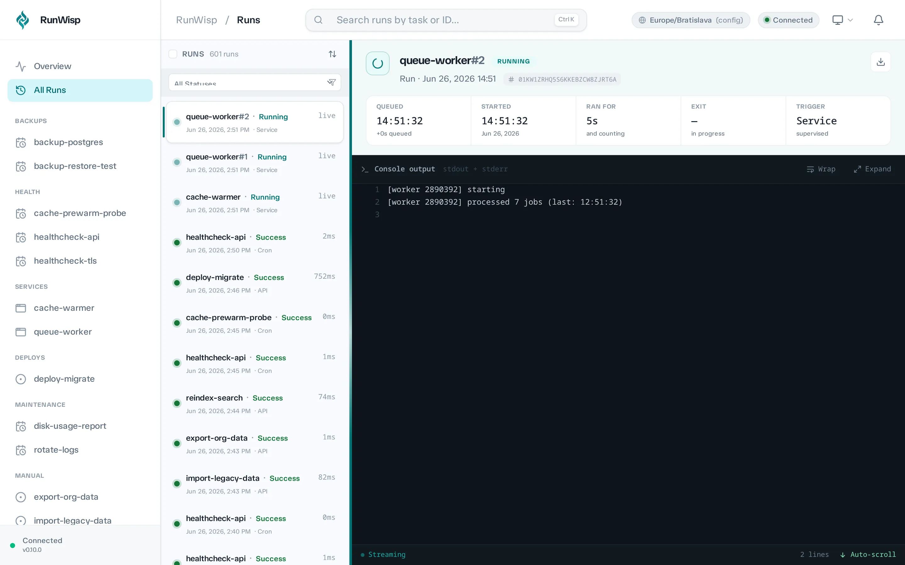 All Runs page: flat newest-first table of recent runs across every task with status icons, durations, and timestamps.